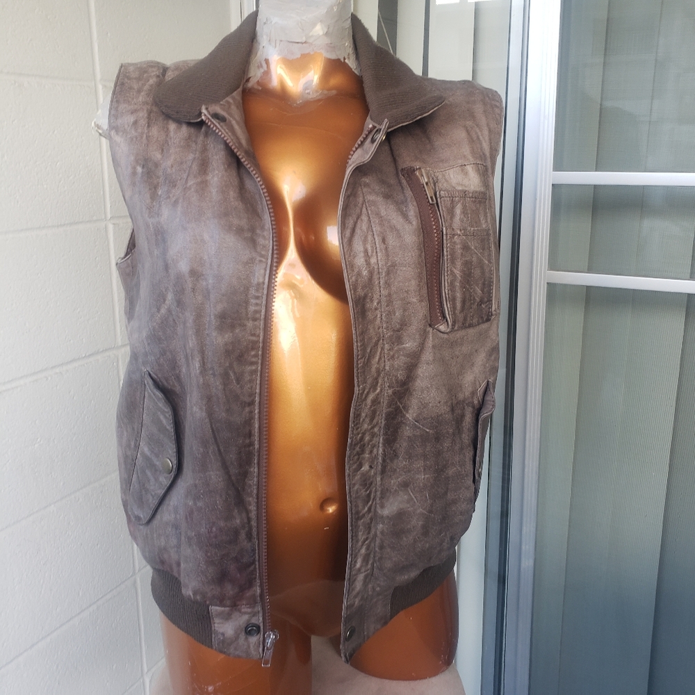 Vtg SAKS FIFTH AVENUE sleeveless Leather bomber Jacket vest S